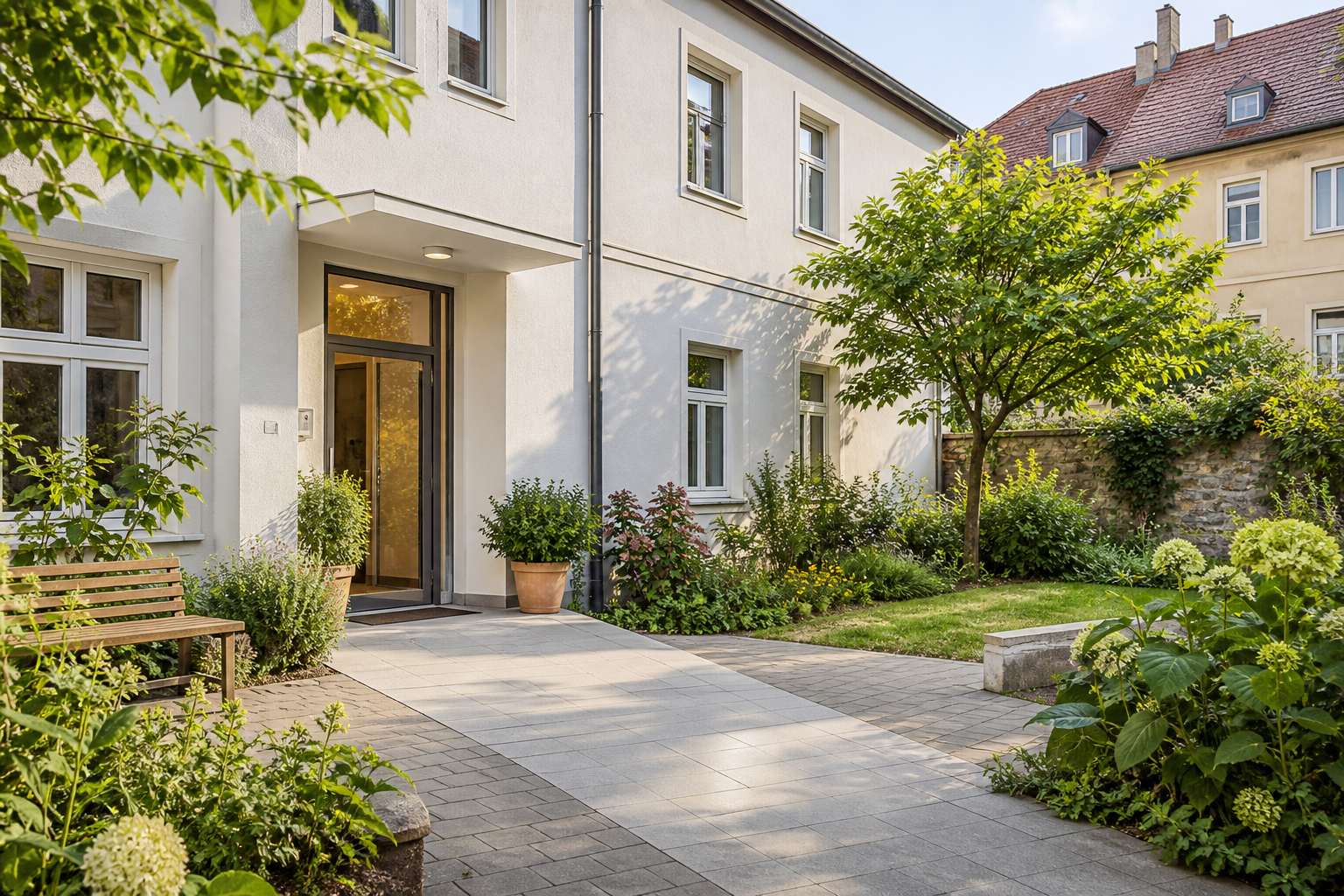 Einfaches, freundliches Gebäude mit Eingang und begrüntem Hof